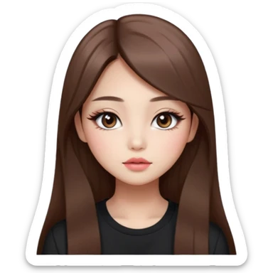 “korean straight long brown hair Emoji girl, soft eyeliner and blush, gradient lips, light brown shimmer eyeshadow sticker