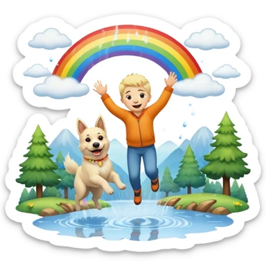 Beautiful White belgian Shepard jumping Cheerful  with a little blonde Boy Who laughs over Rain puddles. There is a rainbow in the sky and a forest in the background sticker