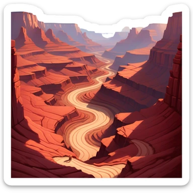 Cinematic Realistic Canyon Emoji, Vast and rugged, with deep red rock formations and winding paths leading down to a dry, dusty floor. Sunlight casts long shadows across the craggy surfaces, highlighting the layers of ancient rock. Soft glowing outline, capturing the essence of dramatic beauty and ancient history in a mighty canyon. sticker