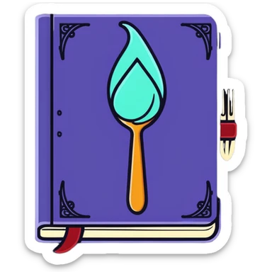 Fantasy spellbook-style cookbook with ethereal fork and spoon symbol glowing on the cover, magical recipes collection sticker