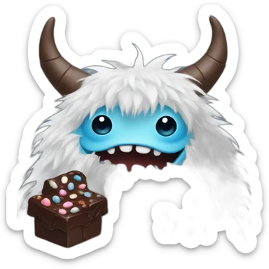 A clipart of a white and blue fur monster with very cute eyes and smile and small horns and his is holding a chocolate sticker
