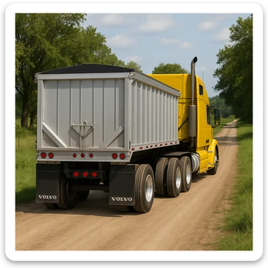 long silver end dump trailer hooked to a Volvo yellow semi sleeper truck, both in normal driving position, photorealistic rear view, daytime country scene with trees, grass, and a dirt road, truck driving away sticker