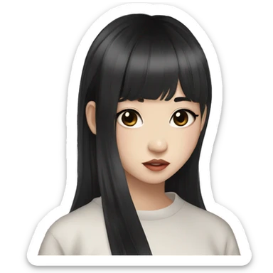 Korean girl, black hair, black eyes, layered hair, cool girl, aesthetic, long hair, hime cut, blunt bangs, small silver hoop earrings sticker