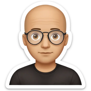 Light brown skinned Latino man with oval face, aviator glasses, completely bald sides with extremely short dark curly hair only on crown, friendly neutral expression, casual black t-shirt sticker