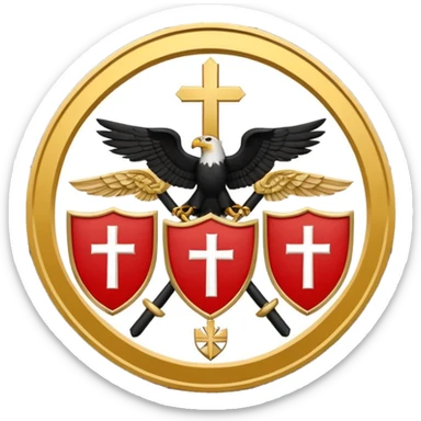 Flags: There are four flags, two on the top and two on the bottom, in the black and gold (yellow) quarters. Each flag features a gold Coptic cross.: In the center, there is a white shield or banner with a red eagle or bird, 
 sticker