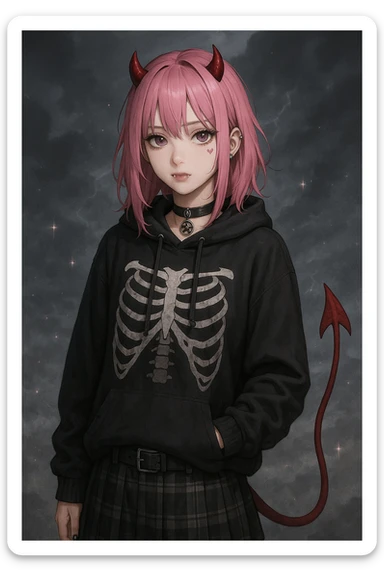 Transform the character into a devilish version with small red horns, a pointed tail, and subtle fangs. Keep the heart tattoo under her left eye, modern streetwear outfit, emo style, pink hair, dark magical accessory, sparkles, stormy background, and normal face. Render in a realistic anime style. sticker