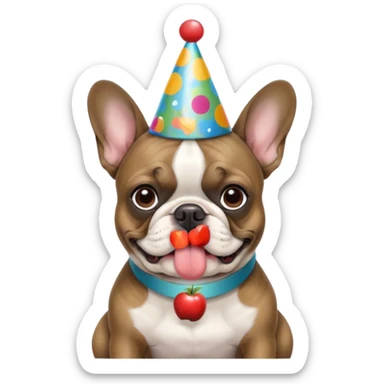 french bulldog with a birthday hat and brindle coloring. please make it apple emoji style please sticker