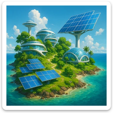 a small remote island in a scifi solarpunk world, lush greenery, futuristic solar panels, advanced eco-buildings, surrounded by clear water, vibrant and optimistic atmosphere sticker