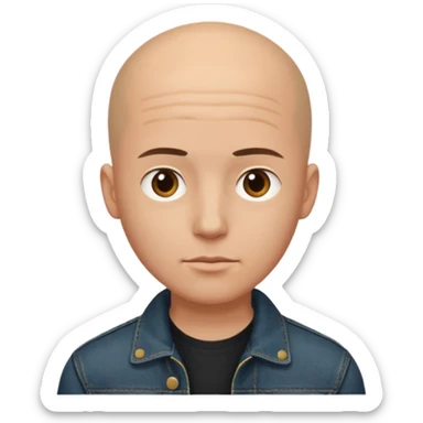  a young man with bald head, black jeans jacket, plain forehead sticker