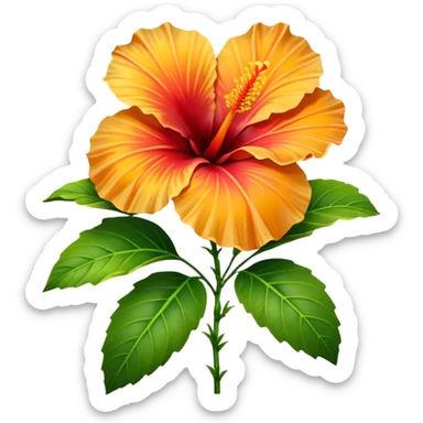 Rare tropical yellow and bold bright orange single Hibiscus flower, hyper realistic. Must have green leaves. Clean thin lines, smooth appearance, no emoji icons, no background, isolated, rendering. 4k, 1.5x1.5 sticker