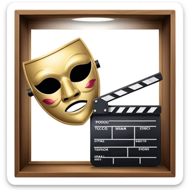 Icon for Acting in Theater and Film: a stage with a spotlight, a film camera, a clapperboard and a dramatic mask. The design should represent both theatrical performance and cinematic art. Transparent background. sticker