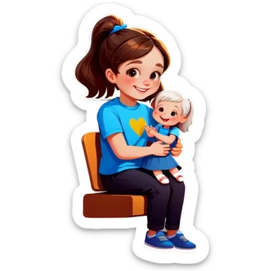 Little Girl, white skin, bronze hair, smile, tutor, bright blue t shirt sticker