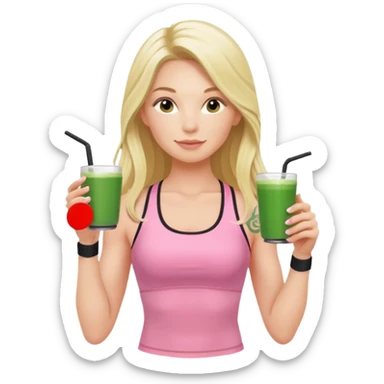 long haired blonde pilates instructor in pink drinking matcha in cute set with no straps and tattooed sticker