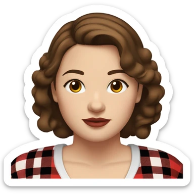 Plus size woman with brown hair and brown eyes wearing red and black buffalo plaid pjs. White skin. sticker