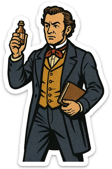 The full body of a male English surgeon from the 1800s holding a small bottle of medicine and a note book sticker