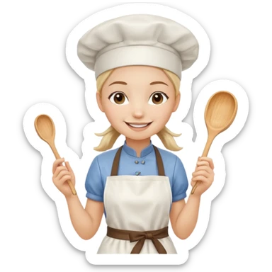 Young female pastry chef - single ponytail, apron, wearing a white hat, holding a cream piping bag sticker