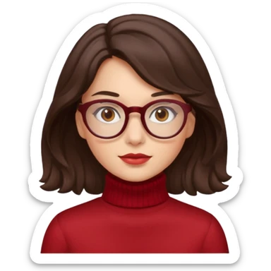 A girl has fair skin wavy dark brown hair, has glasses and almond brown eyes wears red turtle neck sticker