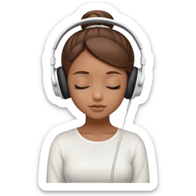 Light brown skin girl, brown hair in bun, eyes closed, white headphones on listing to music sticker