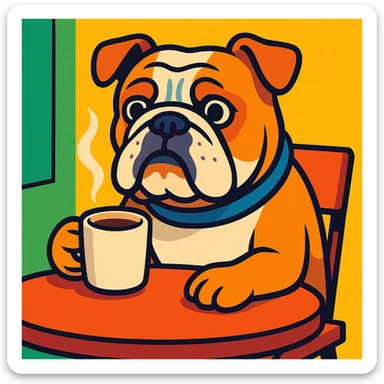 English Bulldog waiting at a table, sipping coffee, vibrant cartoon style sticker