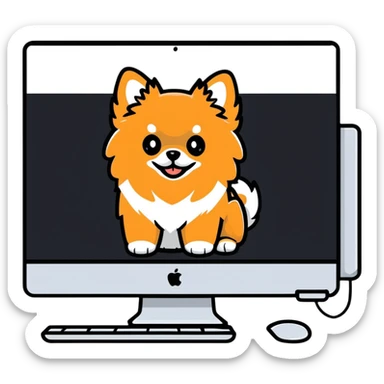 iMac monitor with a Pomeranian dog photo displayed on screen sticker