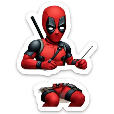 Cute Deadpool sitting at a desk, front view. make the face happy sticker