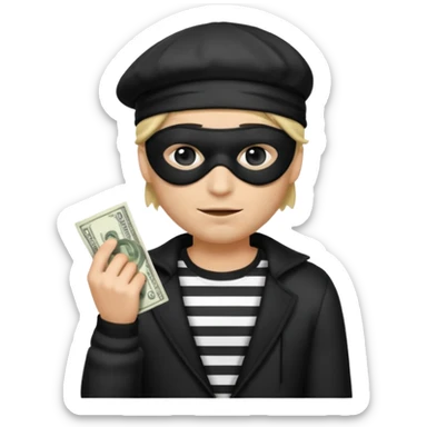 a short ios emoji-style portrait of a classic burglar, a black eye mask (looks like a blindfold) and a black-and-white striped shirt. emoji-like hair, black hat, ONE bag of money 💰 with a dollar sign in a right corner sticker