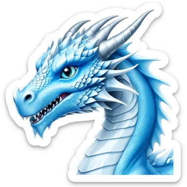 Cinematic Noble elegant Ice Dragon Portrait Emoji, Poised and imposing, distinct long elegant snout, with a slender, scaled body shimmering in glacial hues of icy blue, frostbitten silver, and crystalline white, breathing out frost, with piercing, glowing ice blue white eyes that radiate the chilling depths of an arctic storm; rendered in detail. sticker