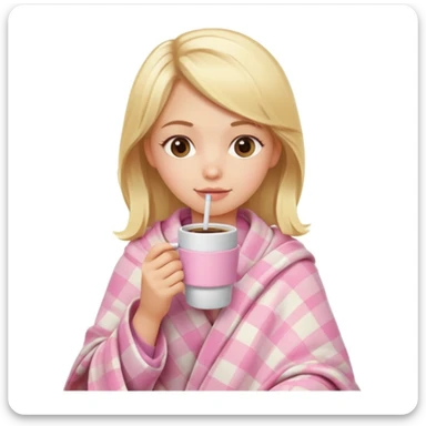 cute blonde girl wrapped in pastel pink plaid blanket drinking coffee sticker