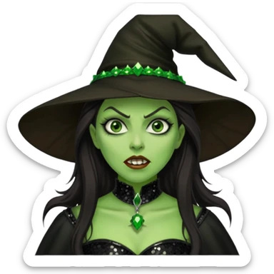The Wicked Witch from The Land of Oz with green skin, long dark brown hair, black sequin outfit sticker