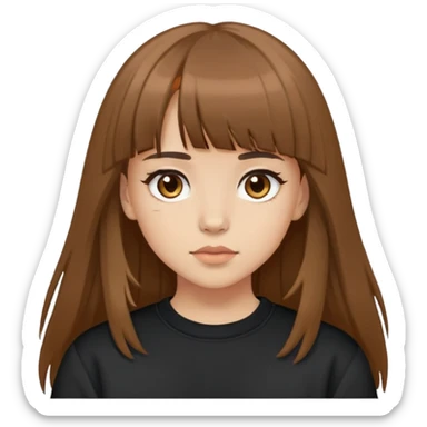Light skinned girl with brown eyes, long brown hair with bangs, wearing a black sweatshirt sticker