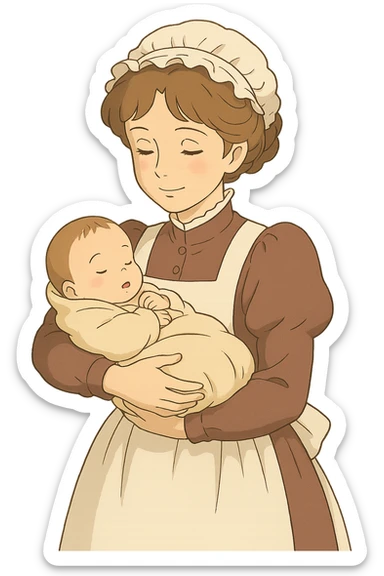victorian midwife holding a baby with background sticker