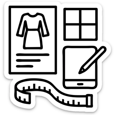 Minimalist vector icon representing fashion design management: an overhead view of a stylized open tech pack document showing a garment sketch, alongside a color swatch grid, a digital tablet with a pen, and a measuring tape curved into the shape of a semicircle. Use clean lines, soft neutral tones with one pop of color (like coral or teal), and geometric shapes. The icon should convey precision, creativity, and fashion process in a modern, professional style. Designed to be easily recognizable at small sizes. Yellow & black theme sticker