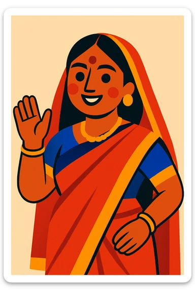 an Indian person in traditional attire, vibrant colors, friendly expression sticker