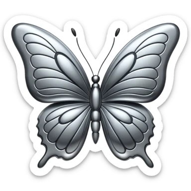 Liquid metal butterfly emoji, silver chrome material, iOS emoji style, smooth curves, reflective surface, elegant and minimal, white background sticker