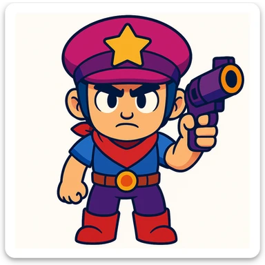 Create a front view pose of this Brawl Stars character facing directly forward in a vibrant cartoon style, maintaining the same colors and outfit as the reference image. sticker