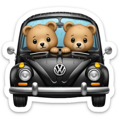 Two teddy bears in black Volkswagen in the rain sticker