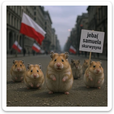Cinematic shot of a group of hamsters takes over polish sejm. some of them has signs with "jebać samuela skurwysyna". sticker