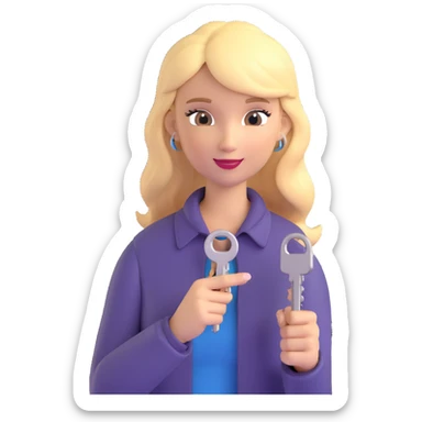 3D emoji style, blonde woman around 40 years old, real estate broker, holding a key sticker
