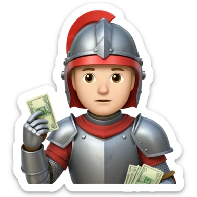 Knight with helmet holding phone and money sticker