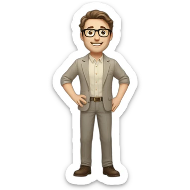 Joyful Pale skinned Fit Man With dark brown hair in gray jacket, beige office shirt, Brown pants and vintage glasses. His thrumbs up sticker