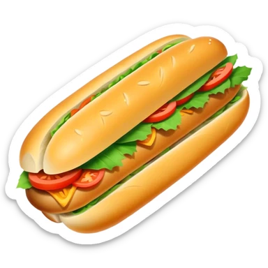 Banh Mi Cinematic Realistic Banh Mi Sandwich Dish Emoji, depicted as a simple, small baguette filled with fresh ingredients, rendered with crisp textures and vibrant, inviting lighting. sticker