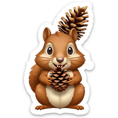 Greedy squirrel with a big pine cone balancing on its head, showing a strange creepy expression, hungry looking sticker