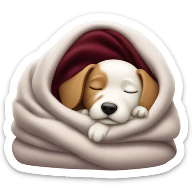 Cute white dog sleeping in a burgundy blanket sticker