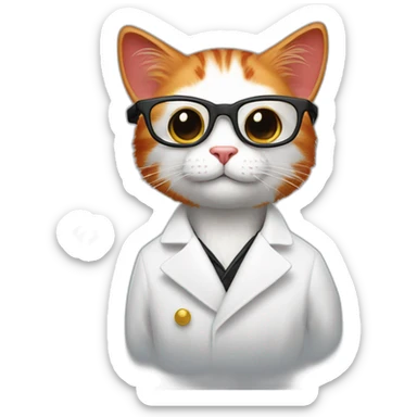 A red cat in a white coat with a feather behind his ear and full-length black glasses with atoms above his head sticker