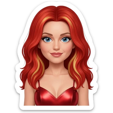 Ginger Spice from Spice Girls with blue eyes, long red hair with blonde highlights, red metallic sweetheart dress sticker