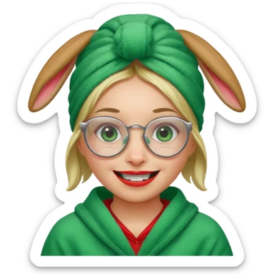 A woman who has a big rabbit-like front teeth wearing a green towel in her head with a broken glasses on her face in red pajamas sticker