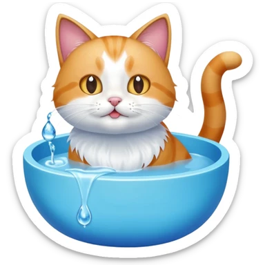 A water bowl and a cat licking sticker