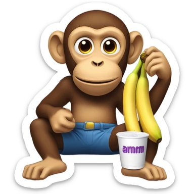 monkey eating bananas while drinking grape juice sticker