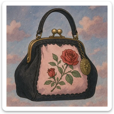 pink and black gothic purse, rose embroidery, vintage charm, dreamy atmosphere sticker
