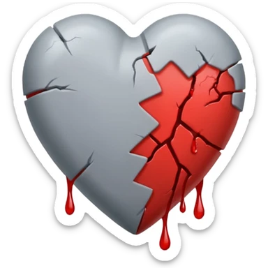 Un corazón roto de color gris con grietas  sangrando y expulsando sangre rodeado de vendas y tiritas que se despegan sin hacer efecto sticker